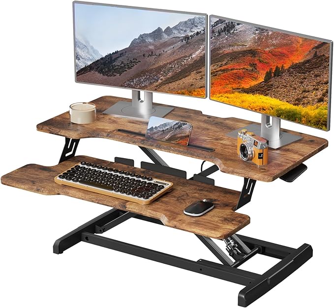 JYLH JOYSEEKER Standing Desk Converter 32 inch, Height Adjustable Sit Stand Desk Riser, Quick Sit to Stand Desktop Dual Monitor Riser Workstation for Home Office with Keyboard Tray, Rustic Brown