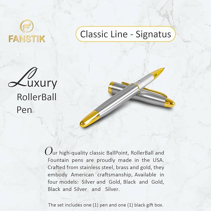 FANSTIK Customized RollerBall pen with name (MADE IN USA), stainless steel, Silver and gold, luxury engraved pen personalized for men and for women. (RollerBall Silver-Gold).
