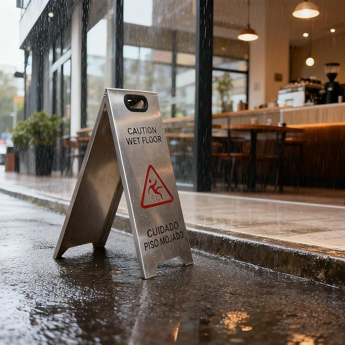 Kerty 4 Pack Stainless Steel Wet Floor Sign, 24 Inch Caution Wet Floor Sign Portable Foldable Bilingual Safety Warning for Hotel Market Restroom Restaurant Office (Silver)