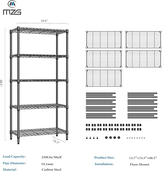 M MZG 1250 lbs 5 Tier Shelf Metal Storage Shelves Shelving Wire Rack Heavy Duty Closet Organizers for Garage Kitchen Bathroom Laundry Black 15.7" D x 33.5" W x 68.5" H