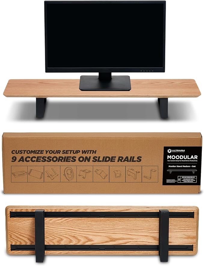 ULTRARM Moodular Wooden Monitor Stand 33.4” (85cm) Desk Organizer with Metal Slide Rails for Drawer, Tray, Laptop, Tablet, Phone & Headphones Customizable Riser for Organized Workspace Oak MS85-O