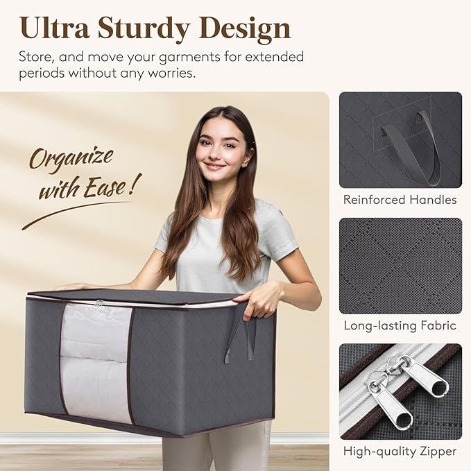 Lifewit Large Capacity Clothes Storage Bag Organizer with Reinforced Handle Thick Fabric for Comforters, Blankets, Bedding, Foldable with Sturdy Zipper, Clear Window, 27 Pack, 90L, Grey