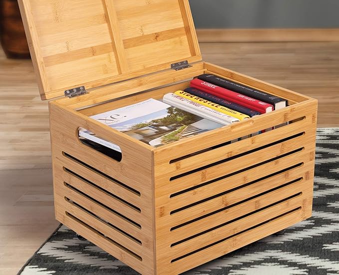 BIRDROCK HOME Rolling File Storage Organizer Box with Lid (New Version) - Bamboo Decorative Wood Hanging File Box for Letter/Legal Documents, Binders, Blankets - Durable Office Organizer - Natural