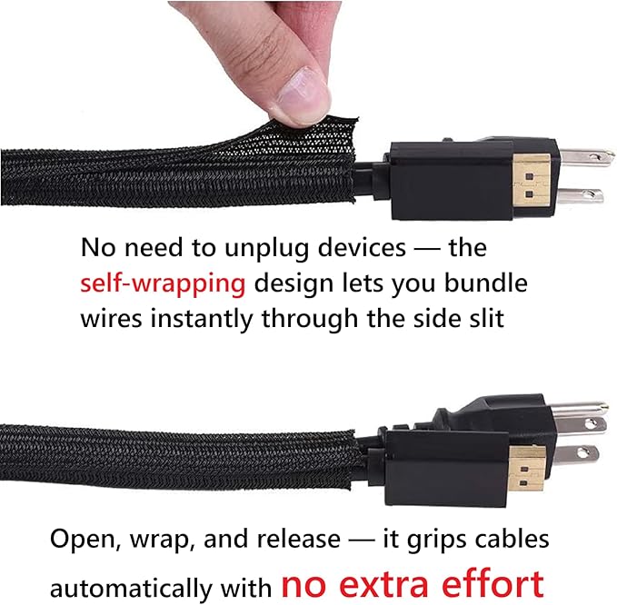 QCSIW 1/2" x 10ft Black/White Cable Sleeve - Protects Cords from Pets & Organizes Wires - Modern Style - Polyester Material - Flame Retardant - Easy to Use & Cut