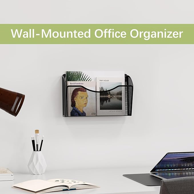 EasyPAG Single Pocket Wall File Organizer, Mesh Hanging File Folder Organizer for Letter/A4 Size Folders Wall Mounted Vertical Mail Holder for Paperwork, Office, Home, School, Black