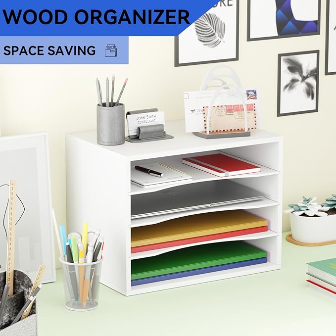 GDINDINFAN Wood Desktop Letter Tray File Organizer, Paper Storage Mail Sorter with 3 Adjustable Drawer Boards for Home and Office, White