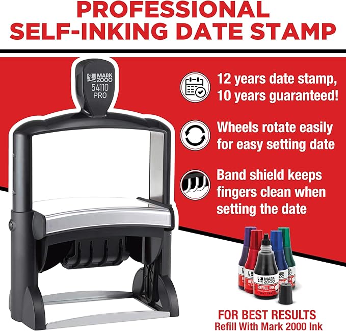 Mark 2000 54110 Professional Self Inking Date Stamp with Custom Text - Up to 12 Lines of Text