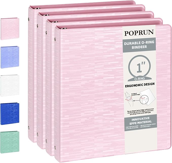 POPRUN 3 Ring Binder 1 Inch, PVC-Free, Holds 175 Sheets of 8.5 x 11 Paper, Extra Durable Organizer with 2 Pockets for School & Office, Heavy-Duty, 4 Pack, Pink