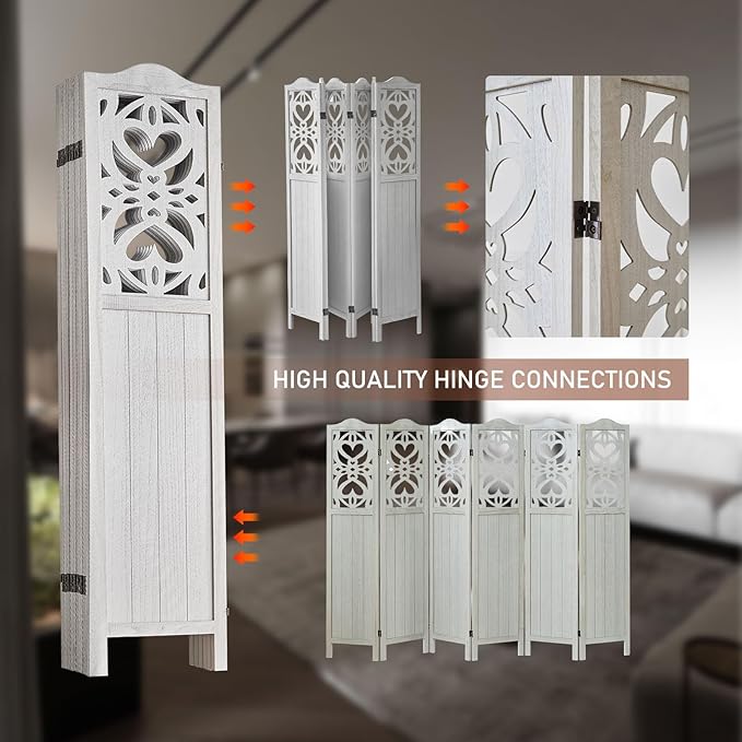 ALeesing 6 Panel Room Divider Fully Assembled, Carved Room Dividers and Folding Screens, 5.6Ft Wood Room Divider Screen Freestanding Partition Wall Dividers for Home Bedroom Office, Rustic White