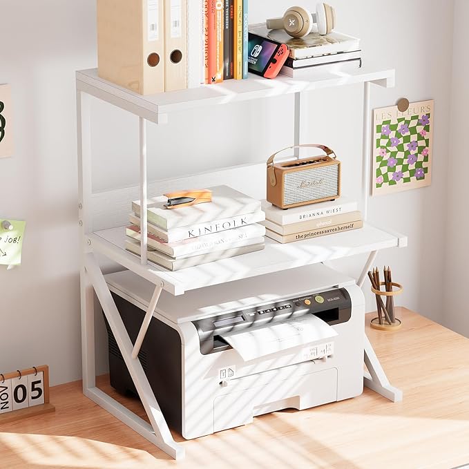 aboxoo Printer Stand for Desk, Desktop Printer Shelf Large 3-Tier Multi-Purpose Office Organization Shelves for Home Office, White