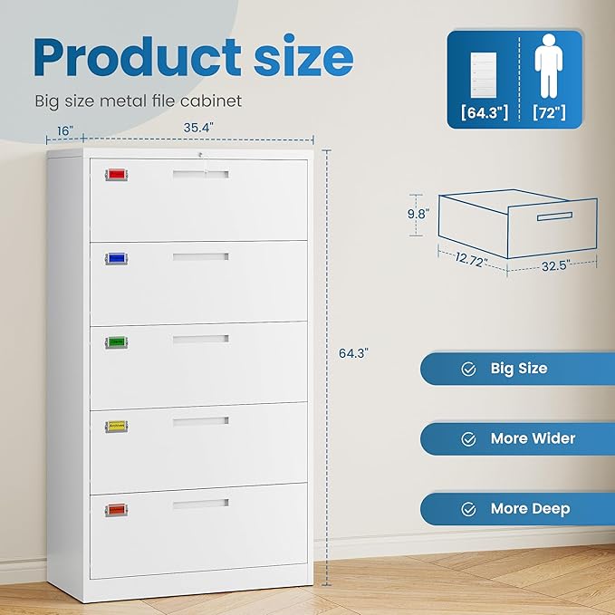 PEUKC 5 Drawer File Cabinet, Lateral Filing Cabinets for Home Office, Office Storage Drawers with Lock, Hanging Files Legal/Letter A4 Size (Assemble Required,White)
