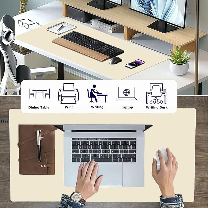PU Leather Desk Pad Protector Gaming Mouse Pad Non Slip Desk Mat for Keyboard and Mouse Waterproof Desk Writing Pad for Office and Home Desk Accessories(Beige, 23.6 * 11.8)