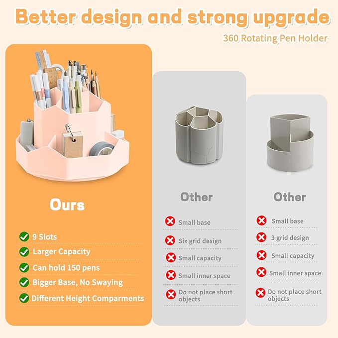 Pencil Pen Holder for Desk,9 Slots 360 Degree Rotating Desk Organizers,Desktop Storage Stationery Supplies Organizer, Cute Pencil Cup Pot For Office, School, Home(Pink)