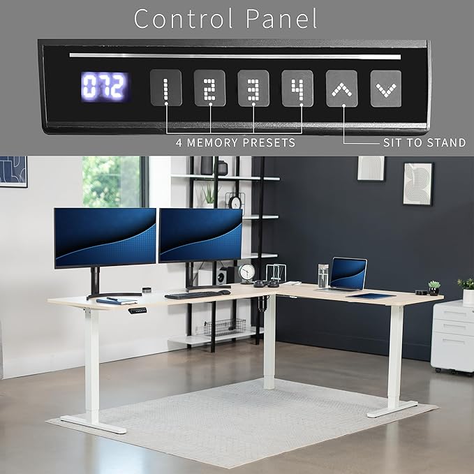 VIVO Electric Corner 84 x 63 inch L-Shaped Standing Desk, Memory Height Adjustment, Light Wood Top White Frame, DESK-E3CTWC-84