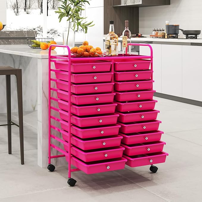 Happygrill 20-Drawer Organizer Cart Tools, Mobile Utility Storage Cart with Removable Drawers & Lockable Wheels, Rolling Storage Cart with wheels for Home Office School (Hot Pink)