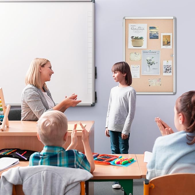 Geetery 36 x 24 Inch Enclosed Fabric Bulletin Board Tamperproof Lockable Noticeboard Fabric&Aluminium Frame Display Cases Wall-Mounted Display Case for School, Office - Secure, Durable Design(Beige)