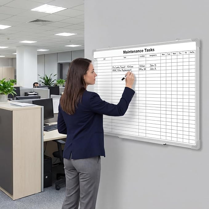 Lined Whiteboard Blank Grid Aluminum Frame Dry Erase Board Reusable Wall Mounted Board for Scheduling, to Do Lists Weekly Planning Home Work (36 x 24 Inch,Horizontal Maintenance Tasks)
