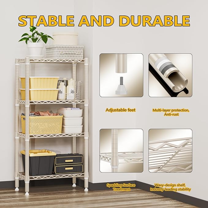M MZG 1000 lbs 4-Shelf Standing Storage Shelves Heavy Duty Metal Shelving Unit Adjustable Wire Rack for Office Garage Kitchen, Light Tan 11.8 D x 23.6" W x 47.5" H