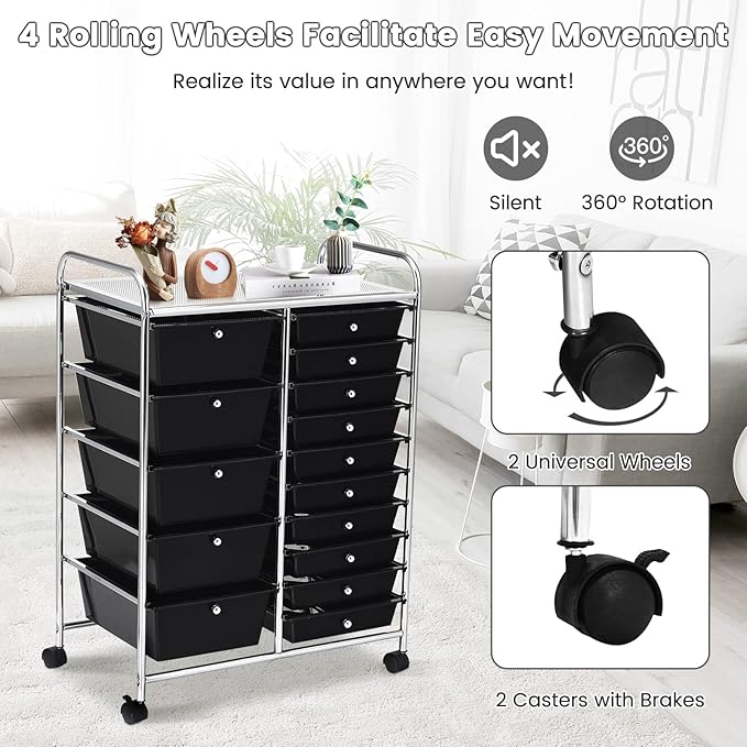 GLACER 15 Drawers Rolling Cart, Storage Cart with w/Removable Drawers & Steel Frame, Multipurpose Organizer Cart w/Sleek Handle, Utility Cart on Lockable Wheels for Home, School, Office (Black)