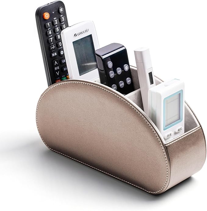 Remote Control Holders Organizer Box with 5 Compartment PU Leather Multi-functional Office Desk Storage Caddy Store Tv Remote for Media Player,Brush,Pencil,Glassees&Office Supplies (Champagne silver)