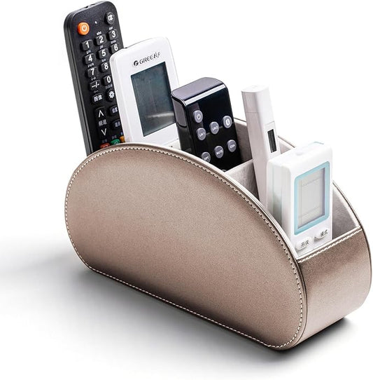 Remote Control Holders Organizer Box with 5 Compartment PU Leather Multi-functional Office Desk Storage Caddy Store Tv Remote for Media Player,Brush,Pencil,Glassees&Office Supplies (Champagne silver)