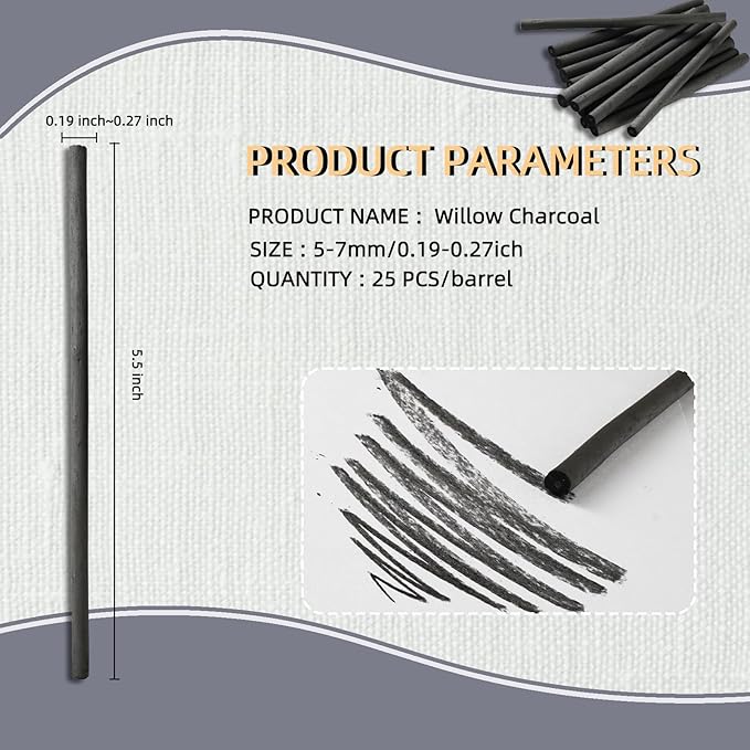 Trzzyan 25 PCS Willow Charcoal Sticks, Ideal for Artists, Beginners, Students, Perfect for Sketching, Drawing, Shading, and Fine Art, 5.7 Inches Long, 2-4,4-5,5-7,7-9 (5-7)