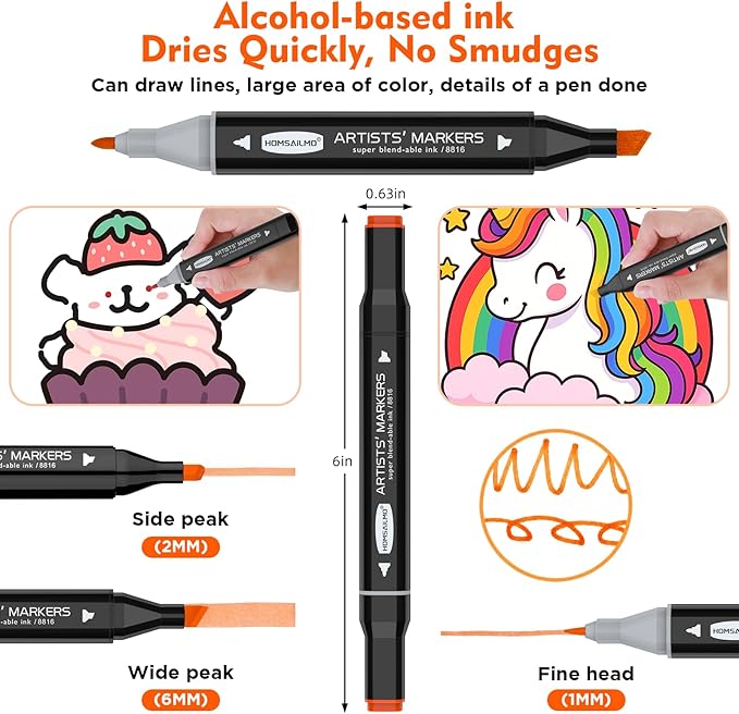 HOMESILMO 48 Color Alcohol Pen Set, Double Tip Art Adult Alcohol Pen, Mixed Sketching Art Supplies, Sketchbook, Coloring Drawing Card, Illustration Production, Brush Head and Chisel Head Double Tip
