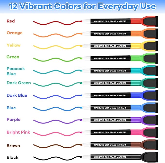SUQJOY Magnetic Dry Erase Markers with Eraser Caps, Fine Tip 1-2mm, Low Odor Quick Dry Ink, 12 Colors, Whiteboard Marker Set for Fridge Calendar Office, 36 Count