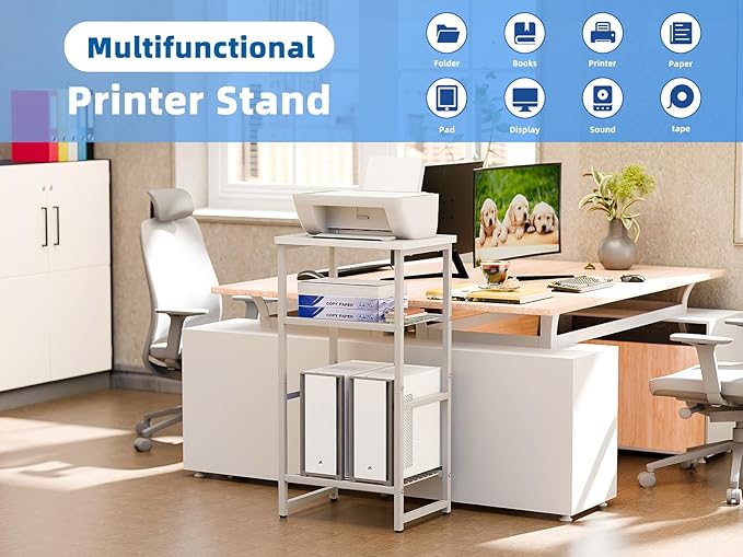 GEORIS 3 Tier Metal Printer Stand Shelf, White Side Table for Printer, Fax Marchine