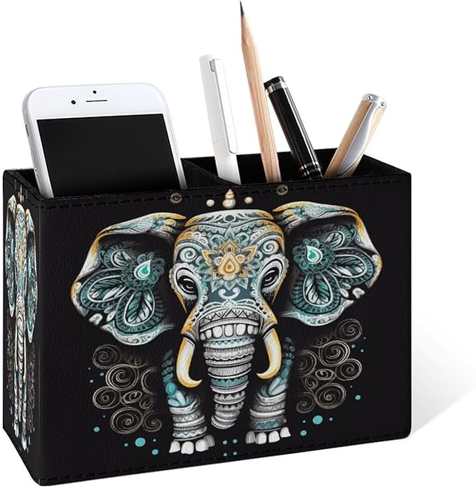 Famame Vintage Lotus Ethnic Elephant Pencil Holder for Desk, Leather Desktop Container Pen Cup Storage Study Table Pen Organizer Makeup Brush Holder for Classroom Office Home