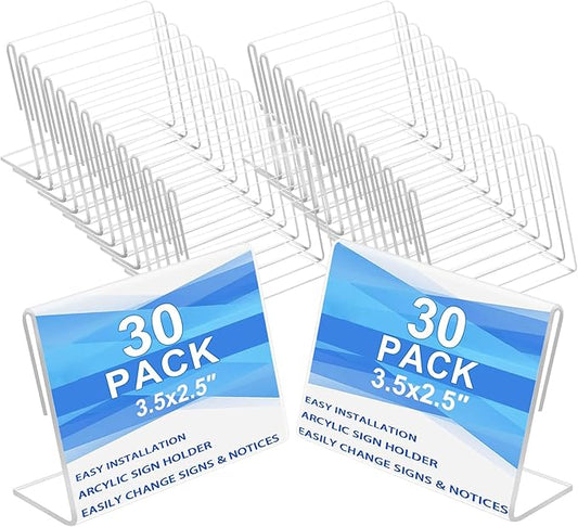 30 pack Small Acrylic Sign Holder 3.5 x 2.5 Inch,Mini Food Sign Labels for Party Buffet,L-Shape Name Card Display Holder,Mini Clear Acrylic Sign Display Holder for Office,Store,Restaurant- Horizontal
