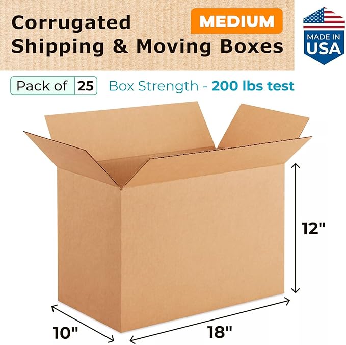 Medium Shipping & Moving Boxes 18"L x 10"W x 12"H (25-Pack) - Extra Strength 200 lb vs Regular - Corrugated Moving Boxes, Made in USA - Heavy Duty Box for Packaging by IDL Packaging