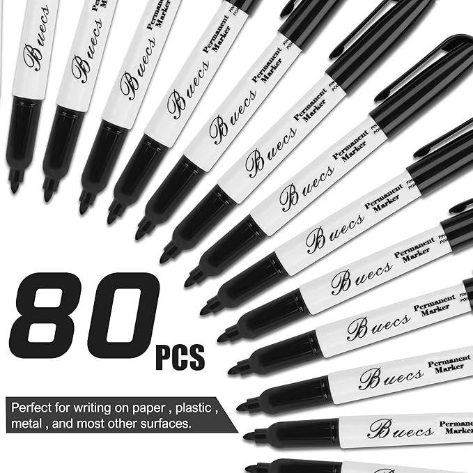 Buecs Permanent Markers, 80 Count Black Permanent Markers, Fine Point, Waterproof & Smear Proof Markers, Quick Drying, Office Supplies for School, Office, Home