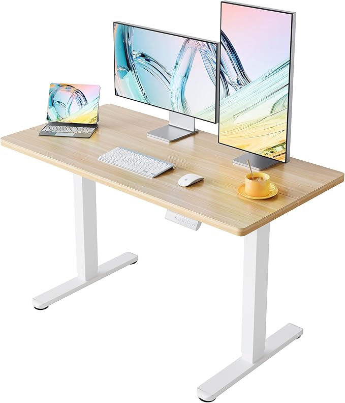 HUANUO Electric Standing Desk, 55 x 24 Inch Height Adjustable Computer Desk with Storage Bag, 4 Height Memory Settings, Sit Stand Up Desk for Home Office, Light Walnut