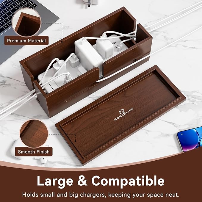 HomeBliss Large Cable Management Box-Stylish Wire Organizer, Wire Concealer and Wire Management Box-Wire Management Box with Protective Sleeve (Black)