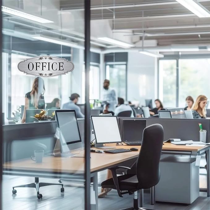 The Office Door Sign for Home and Business，Self-Adhesive Waterproof Brushed Silver Modern Office Sign Sticker for House，Business，Door, Window