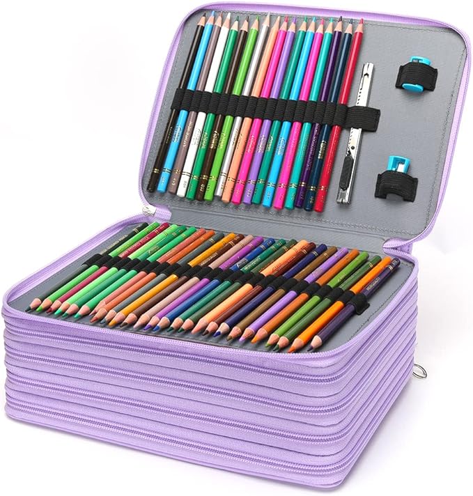 Vomgomfom Colored Pencil Case - 252 Slot Pencil Holder with Zipper Closure Deluxe PU Leather Large Capacity Case for Watercolor Pens or Markers, Artist Organizer (Purple)