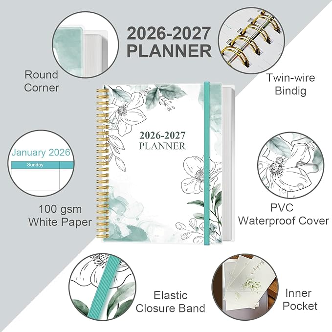 2026-2027 Planner - 18 Months Weekly & Monthly Planner from January 2026 - June 2027, Spiral Planners 2026-2027 with Elastic Closure, Inner Pocket, Medium 8.5" x 11", Teal Floral