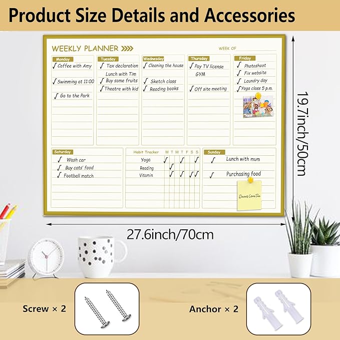 Large Weekly Dry Erase Board for Wall,20"x28",Gold Aluminum Frame Magnetic Weekly Planner Whiteboard for to Do List, Memo, School, Home, Office, Kitchen