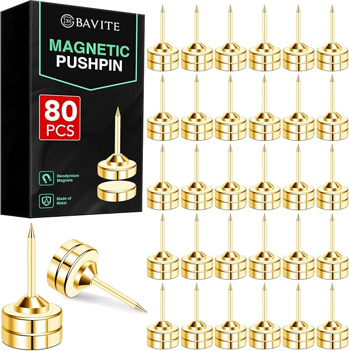 E BAVITE 80 Set Magnetic Push Pins,Flat Push Pin, Magnetic Thumb Tacks for Wall Bulletin Board Poster and Photo Hangers (Gold)