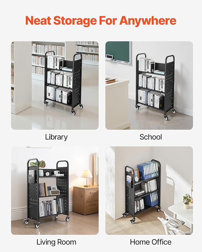 VEVOR Rolling Library Book Cart, 330 lbs Capacity, 30.3 x 15 x 48.0-Inch Library Cart, Single Sided V-Shaped Shelves with 3-Inch Lockable Wheels, Book Truck for Home Shelves Office and School, Black