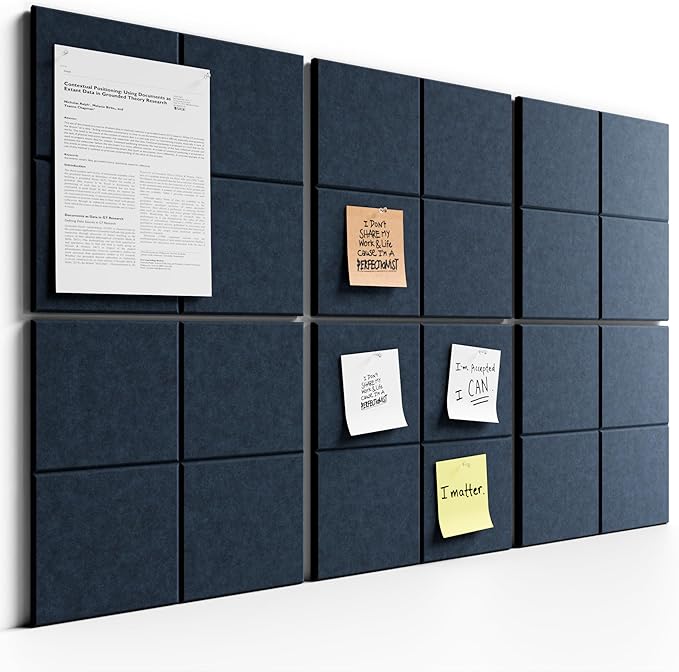 Bumusty Large Cork Board Alternative-36 x24 Felt Bulletin Board Tiles, with 30 Pushpins, 40 Adhesive Tabs, 6-Pack Slat Wall Paneling, Cork Boards for Office Push Pin Board Felt Board-Navy