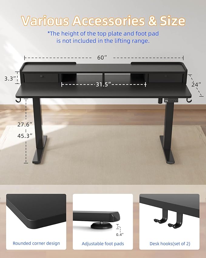 YIHAYO Electric Standing Desk with Drawers, 60 x 24 Inches Adjustable Desk with Storage Shelf, Computer Table with Splice Board for Home Office, Black Frame/Black Top