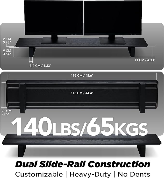 ULTRARM Moodular Wooden Monitor Stand 45.6” (116cm) Large Desk Organizer with Metal Slide Rails for Drawer, Tray, Laptop, Tablet, Phone & Headphones Customizable Riser for Organized Workspace Black