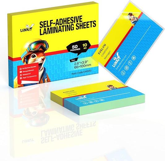 Uinkit 50-Pack Business Card Laminating Pouches, 10Mil Thick Double-Sided Seal for 2.6x3.9" Cards, Bulk Waterproofing for Employee ID Badges, Loyalty & Membership Cards, No Machine Needed