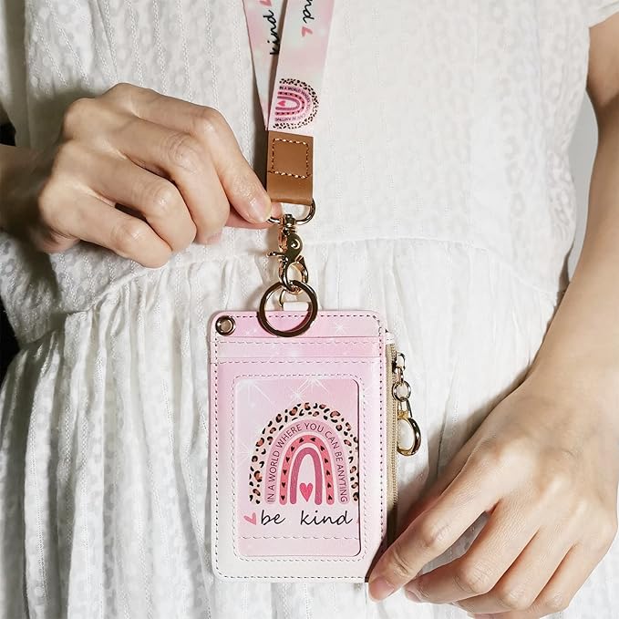 lanyards for id Badges, Lanyard Wallet for Women,Fashion Badge Holder with Zipper（Be Kind
