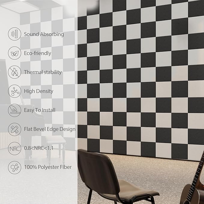 Amantech 12 Pack Acoustic Panels Self Adhesive Sound Proof Foam, High Density Sound Acoustic Panel, 12X12X0.4 Inch Square Panels in Home, Office, Reccording Room, Studio,and more(Snow White)