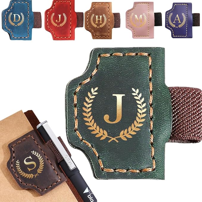 Personalized Mark Bookmark with Pen Holder, Leather Magnetic Book Marker 26 Letters,Custom Initials Page Marks, Gifts for Book Lovers Readers Men Women (Green, J)