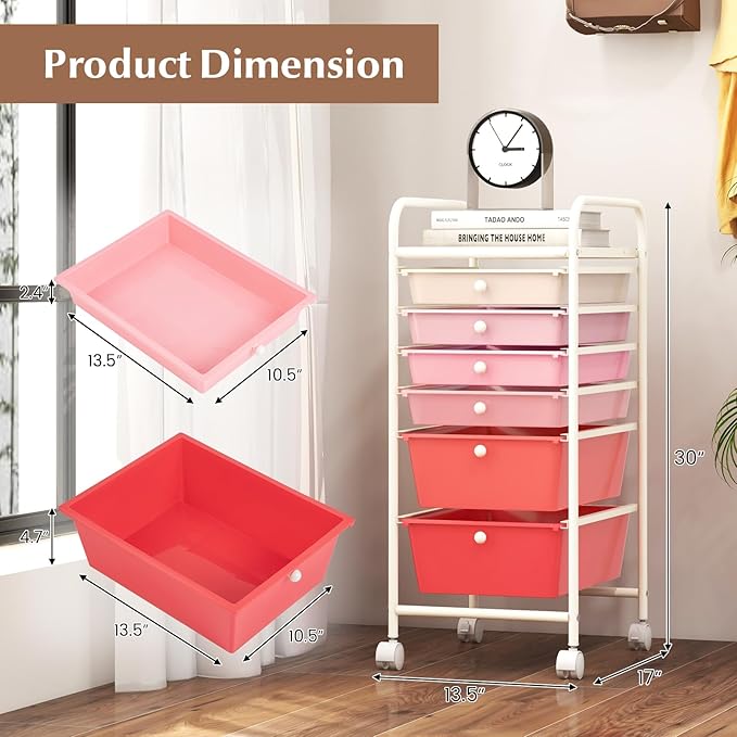 RELAX4LIFE 6-Drawer Rolling Storage Cart - Classroom Organization on Wheels w/Removable Plastic Drawers, Mobile Art Craft Cart for School Paper Home Office, Utility Cart with Drawers (Gradient Pink)