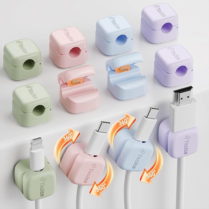 Yocice 12Pack Rotatable Cord Organizer,Spring Cable Clips Desk Cable Management Cord Holder Adhesive Phone Charger Cord Clips for Home Office Car Wall Nightstand Accessories, Multicolor